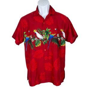 Rima Hawaiian Shirt Men Medium Red Short Sleeve Parrots Floral Graphic Tee
